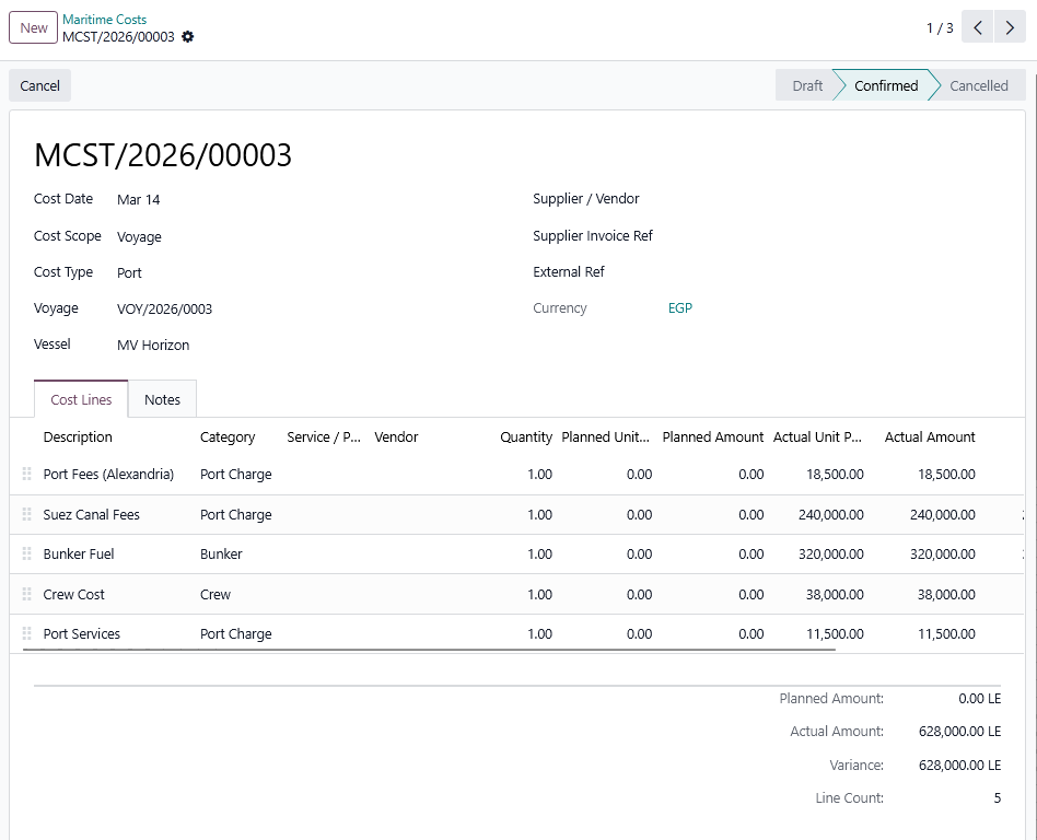 Maritime costs screen in Voyage-OS