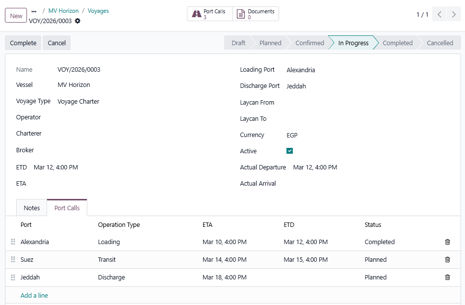Voyage and port calls screen in Voyage-OS